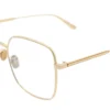 Vista diagonal del aro oftálmico Dior metal dorado grande forma rectangular