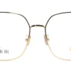 Vista frontal del aro oftálmico Dior metal dorado grande forma rectangular