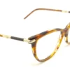 Vista lateral del aro oftálmico Longchamp acetato café carey forma rectangular redondeado medida 53 15 140
