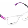 Vista diagonal derecha del aro oftálmico infantil Climbing AC Superflex Transparente Gris/Morado